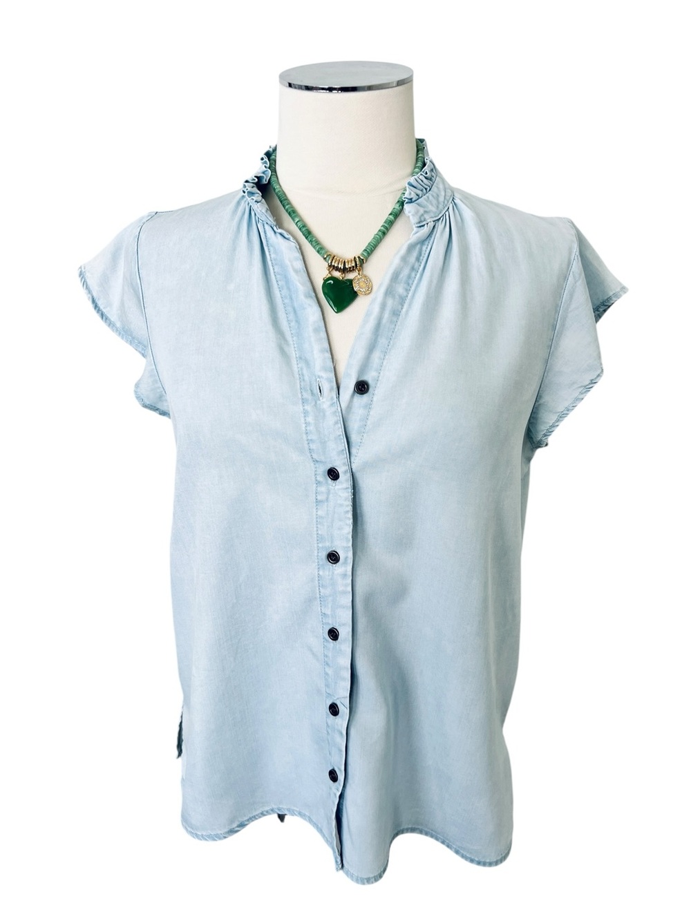 JANE & DELANCEY Blue Ruffle Collar Flutter Sleeve Button Shirt Top Blouse Size S - Picture 6 of 11